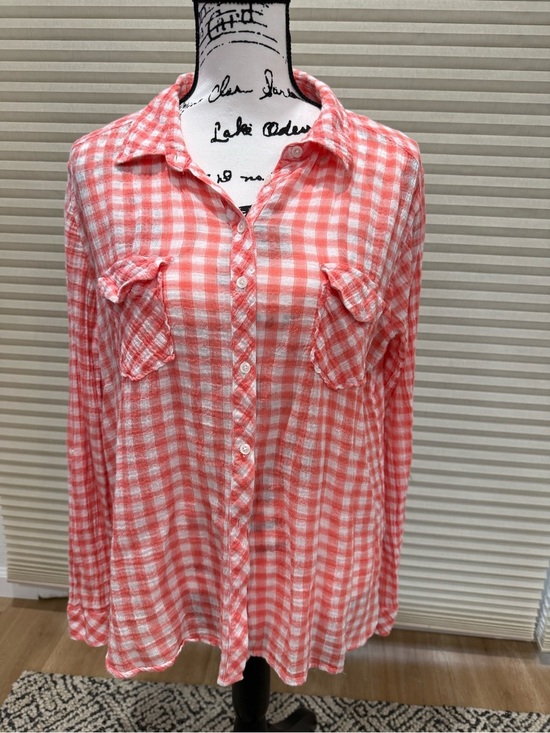 C&C California Tops - C&C California Coral and White Gingham Button-Up Shirt